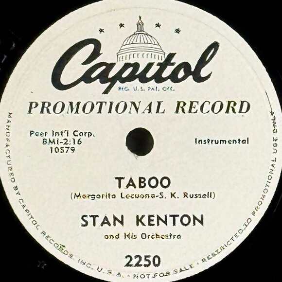 Stan Kenton Taboo / Lonesome Train Capitol Promotional 2250 Shellac 78 RPM - Picture 2 of 4